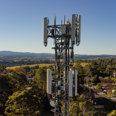 Telecommunications tower in a regional setting.